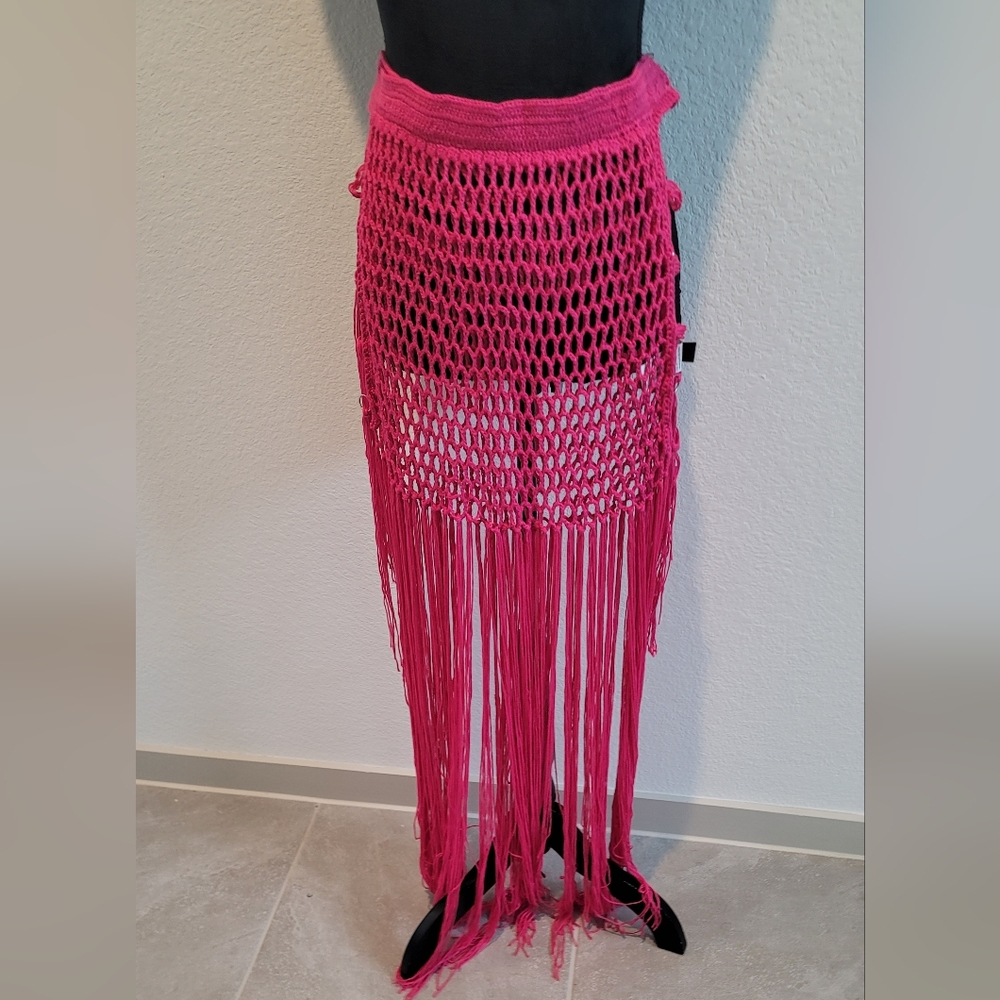 Pink Crochet Fringe Swimsuit Cover up Skirt - Picture 12 of 13